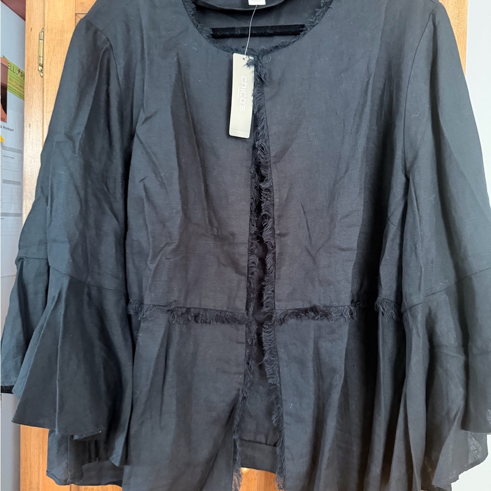 Chico's Linen Black Fringe Trim Bell-Sleeve Jacket